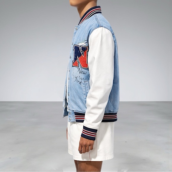 Fashion Nova Men’s Light Blue & White Graffiti Denim Varsity Jacket - Picture 2 of 13